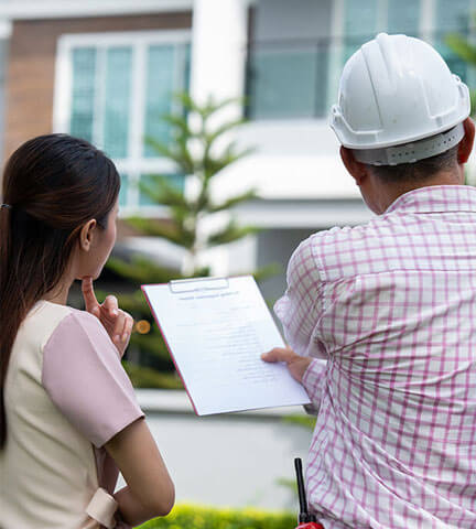 Eine Frau und ein Mann mit Clipboard und Helm schauen sich ein Haus an und denken nach