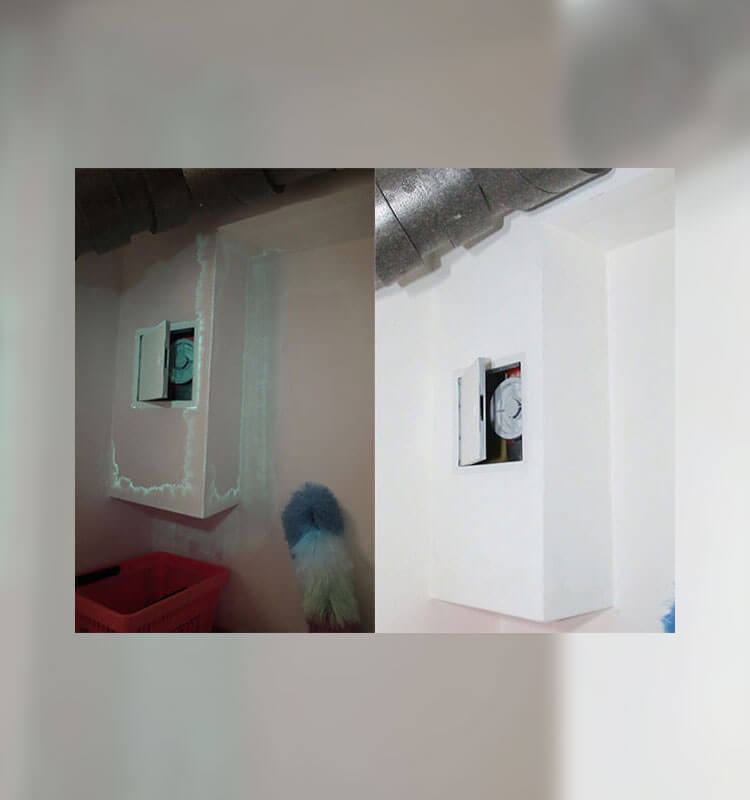 Ein zweigeteiltes Bild wo links mit der UV-Lampe der Schimmel erkennbar gemacht wurde und rechts sieht man den ohne Lampe nicht